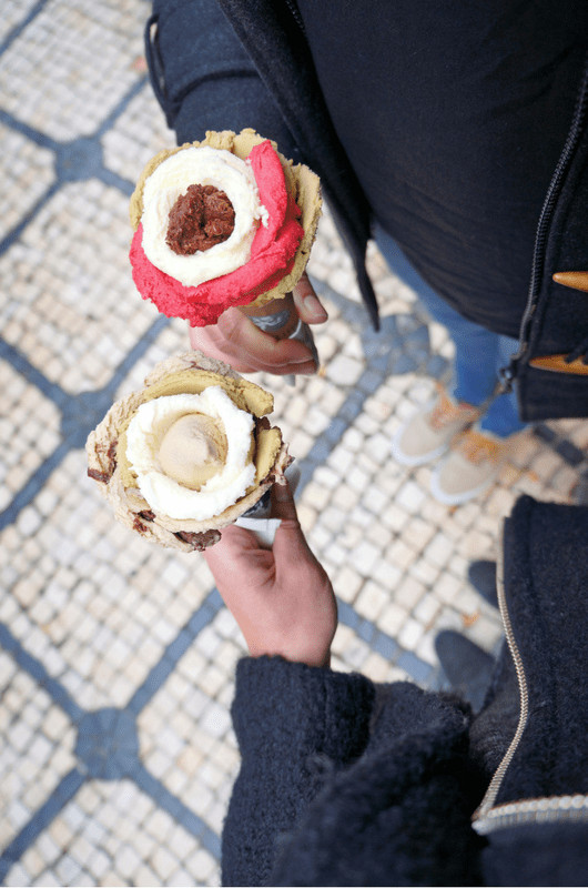 having Amarino icecream in Lisbon Portugal