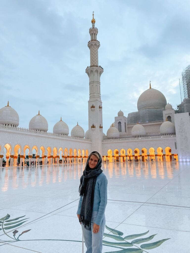 Inside Sheikh Zayed Grand Mosque at sunset