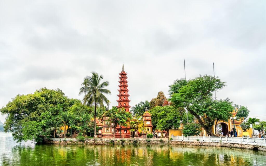 Wide photo of Tran Quoc Pagoda in Hanoi, Vietnam.