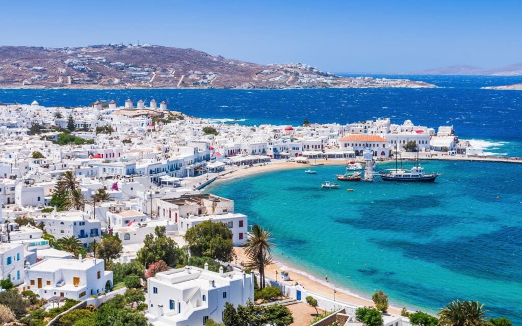 Panoramic view of Mykonos town in Greece.