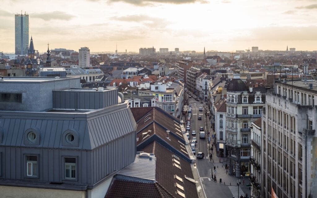 Aerial view of old worker's district Marolles in Brussels below square Place Poelaert with justice palace.