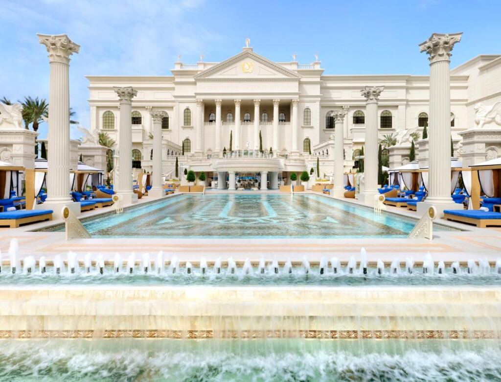 Swimming pool of Caesars Palace Hotel & Casino on a clear day.
