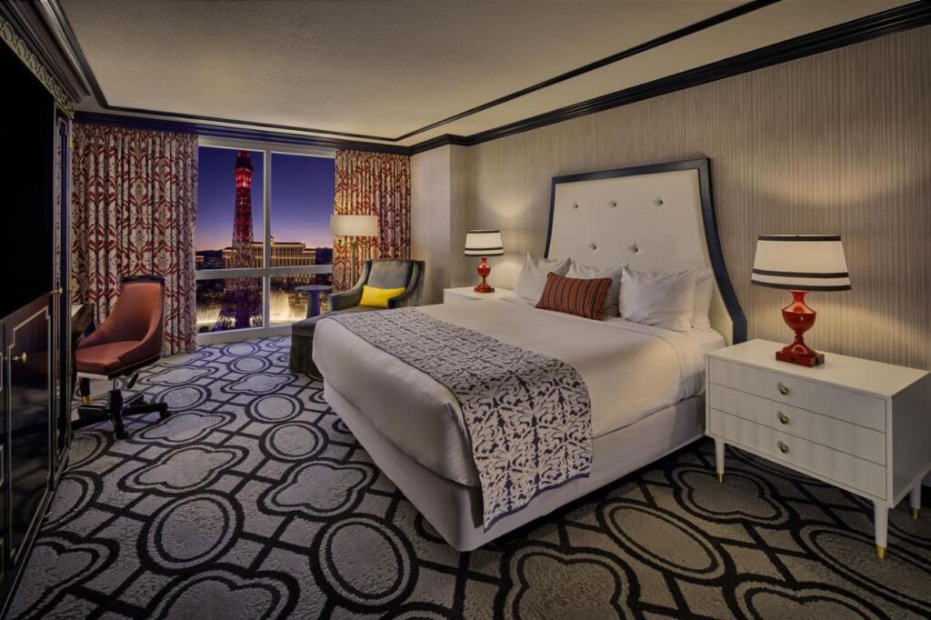 One of the bedrooms in Paris Las Vegas Hotel & Casino with city view.