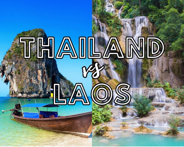 On left side photo is a beautiful tropical landscape with boat, blue and clear ocean water, white sand and island in Thailand. The right side photo is Kuang Si Waterfalls in Luang Phrabang, Laos.