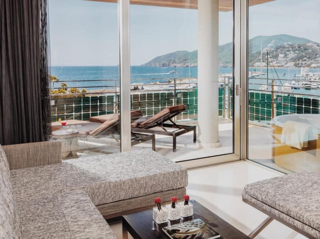 One of the rooms in Aguas de Ibiza Grand Luxe Hotel with a beach view.
