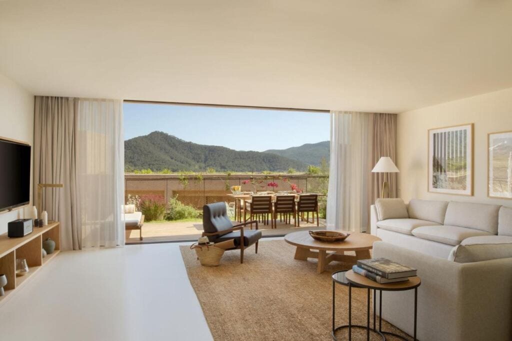One of the rooms in Six Senses Ibiza with mountain view.