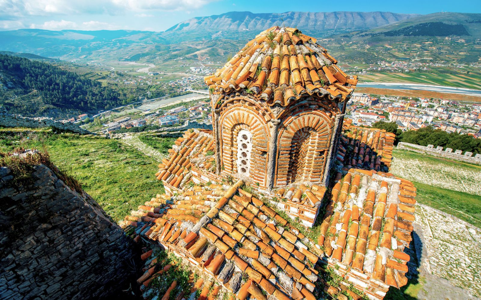 St. Theodores Church and mountainous landscape surrouding Berat Castle in Albania