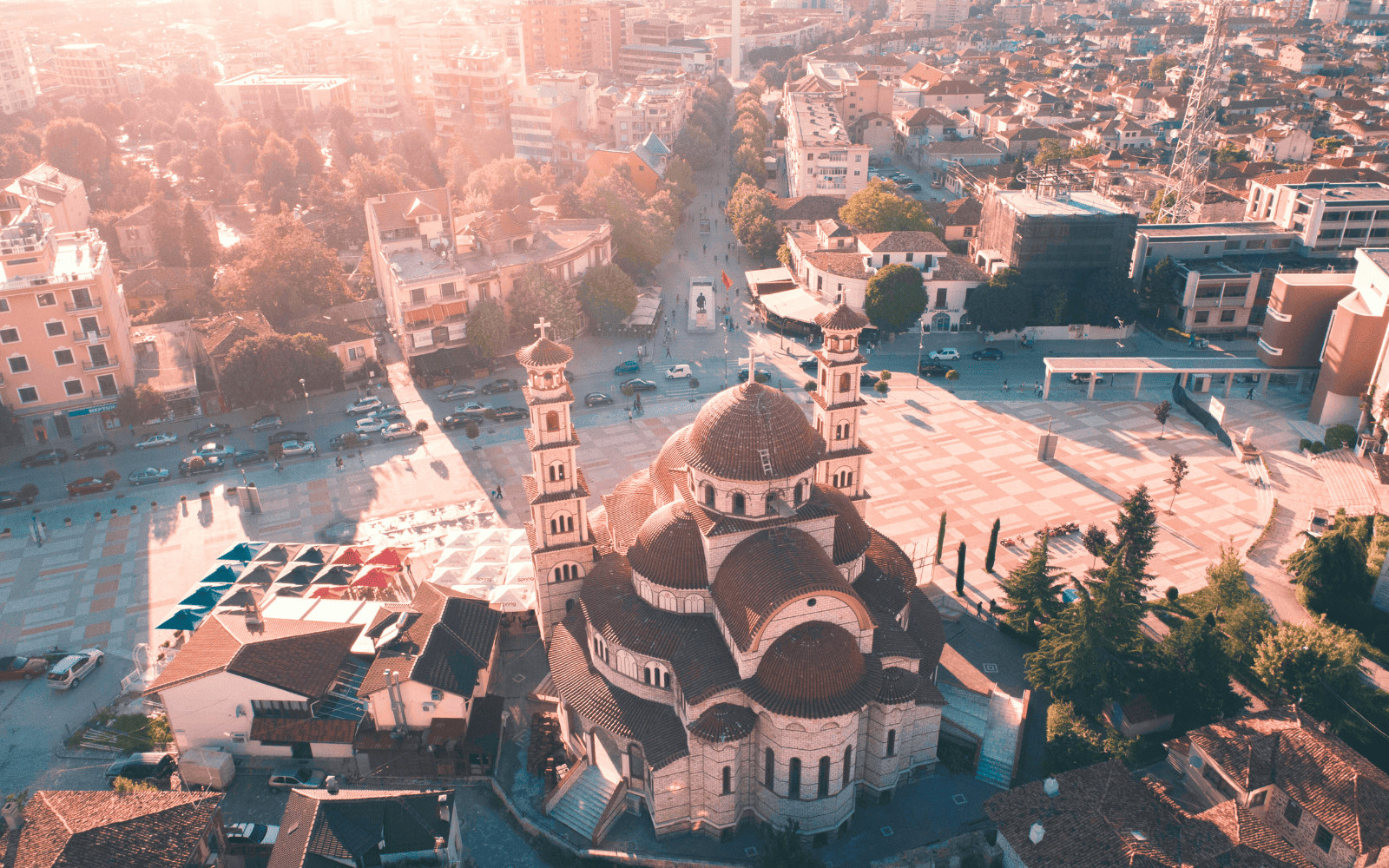 Aerial view of large church in Korca, South Albania, famous for culture and architecture