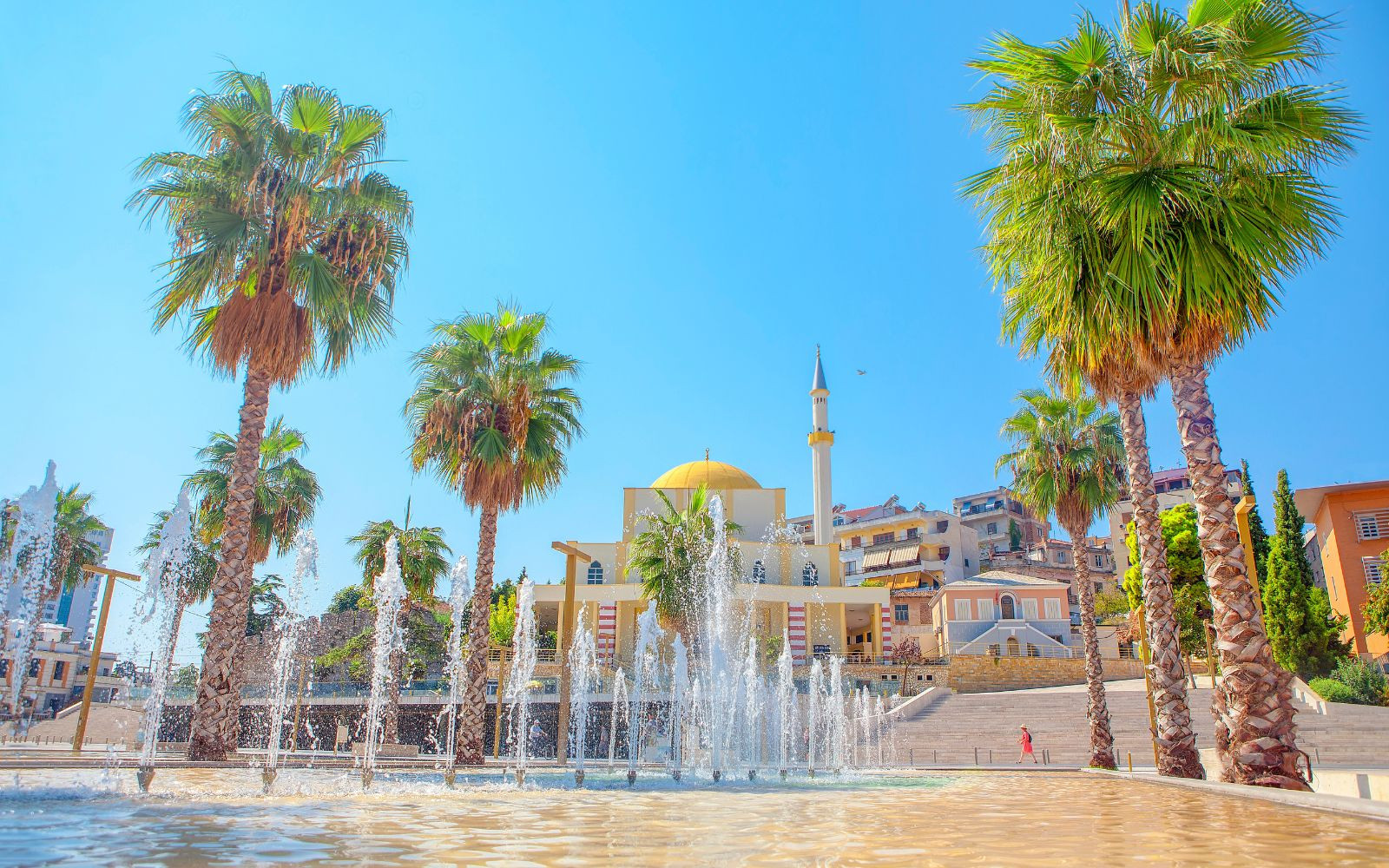 Central square, mosque, and fountain of the coastal Albanian city of Durres