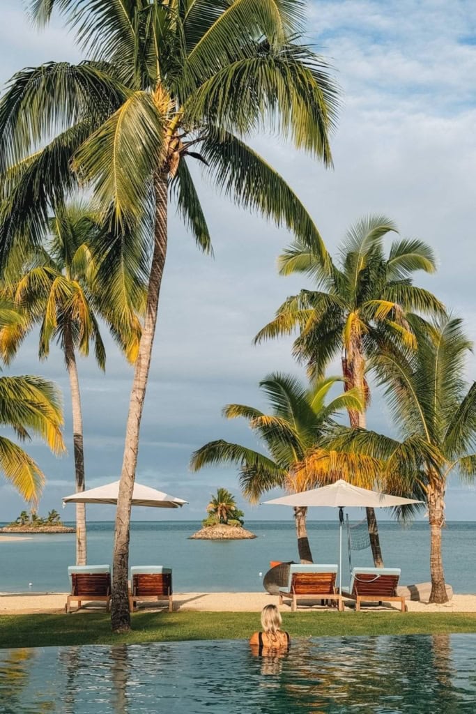 Morning light over the pool at Six Senses Fiji