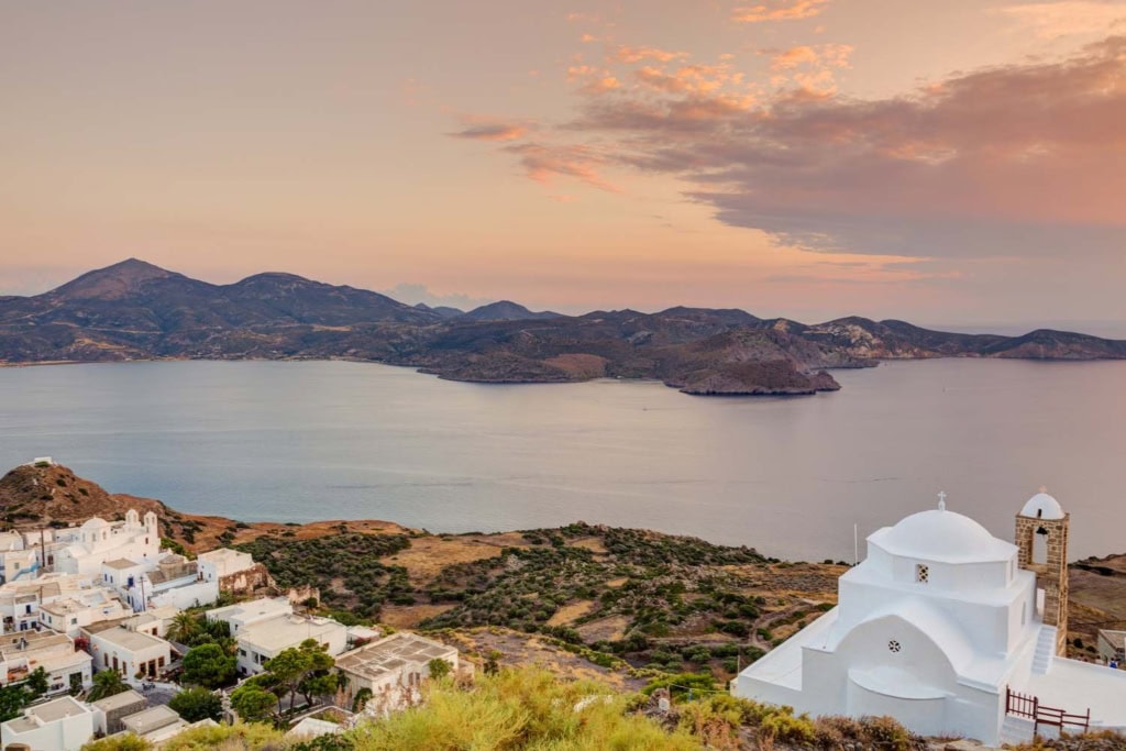 Plaka's village and Panagia Thalassitra Church Views at Sunset