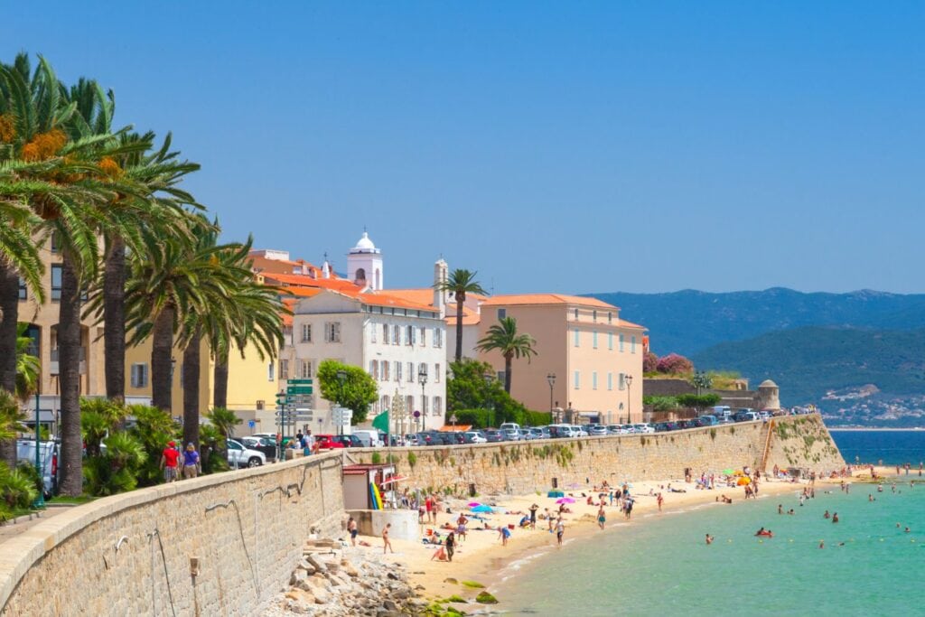 panoramic view of the beach shore and nearby buildings in Ajaccio