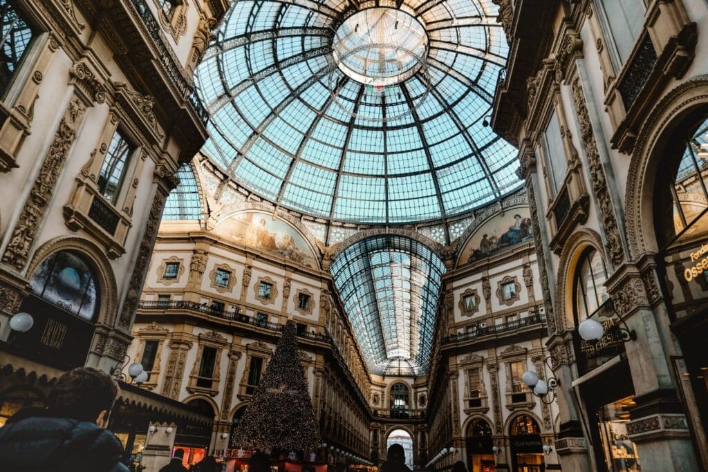 beautiful ceilings and intricate designs at the Galleria Vittorio Emanuelle II shopping center