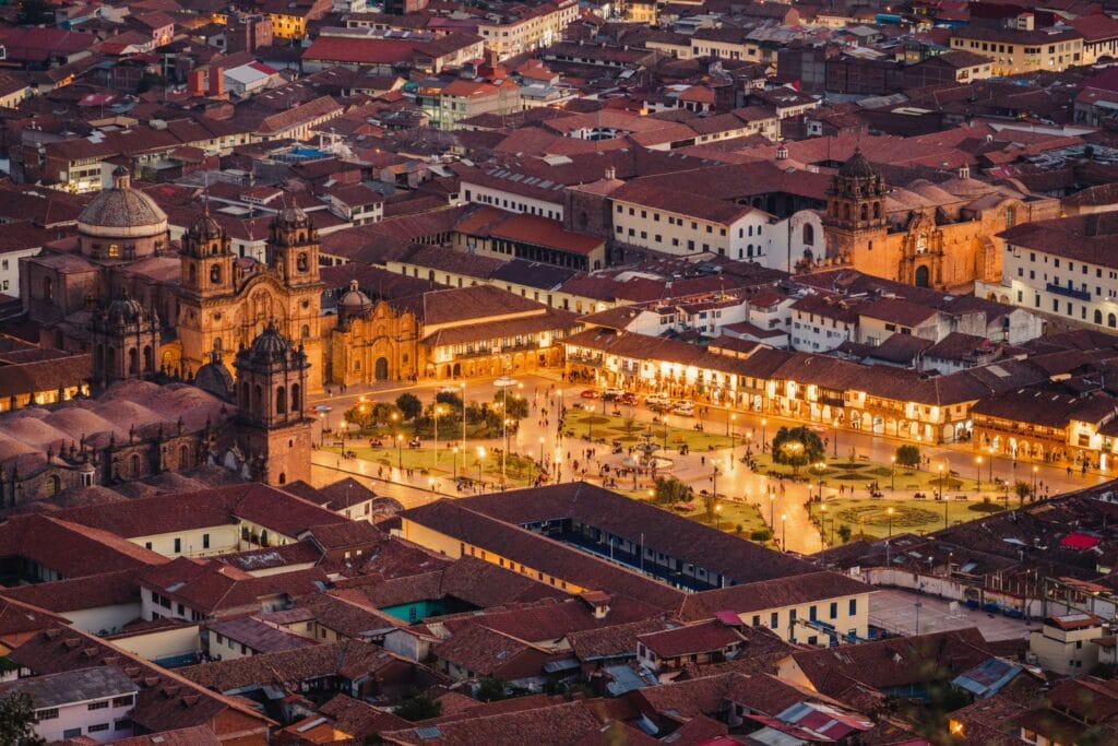 aerial view of Plaza de Armas by night