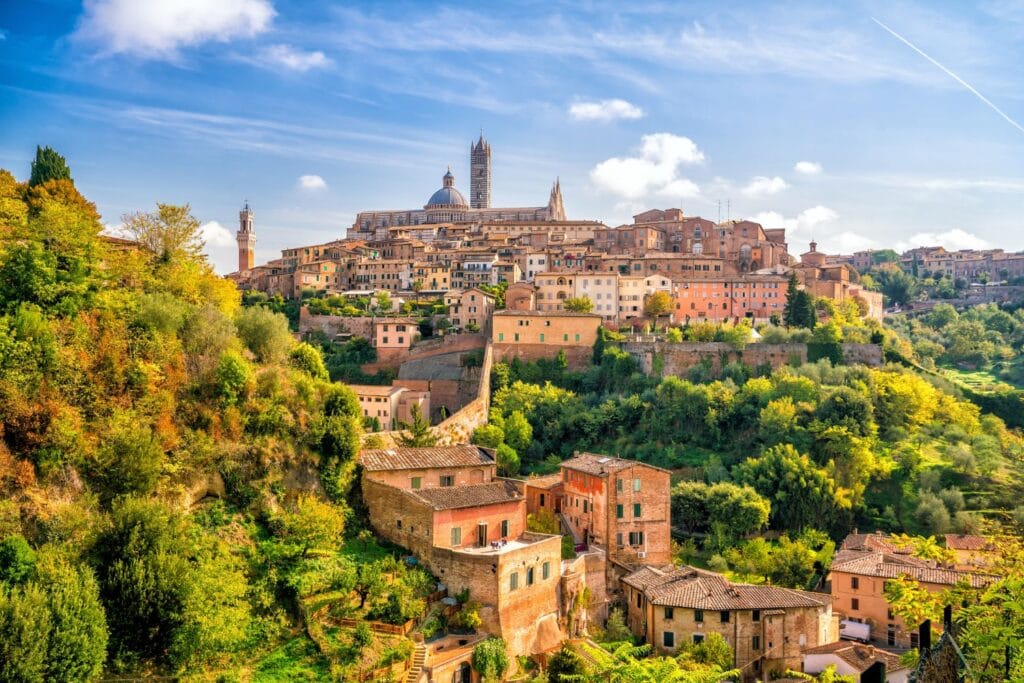 View of Siena skyline from outside the walls with trees
