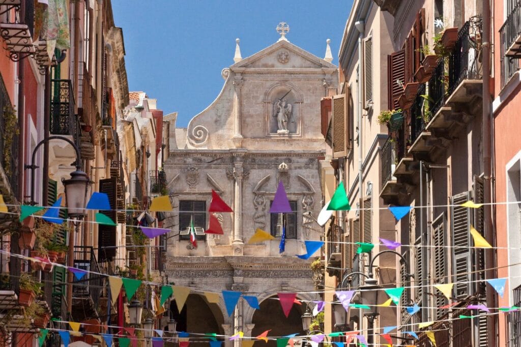 old church architecture and buildings along the street of Cagliari in Sardinias