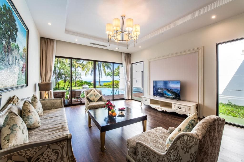 Spacious living room with ocean view in Phu Quoc beachfront villa.