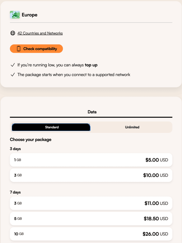 European eSIM for travel connectivity, data plans, and network coverage.