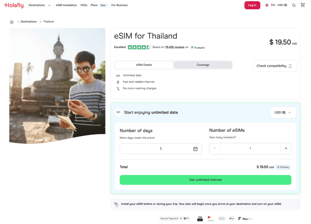 ESIM for Thailand travel, unlimited data, fast internet, no roaming charges.