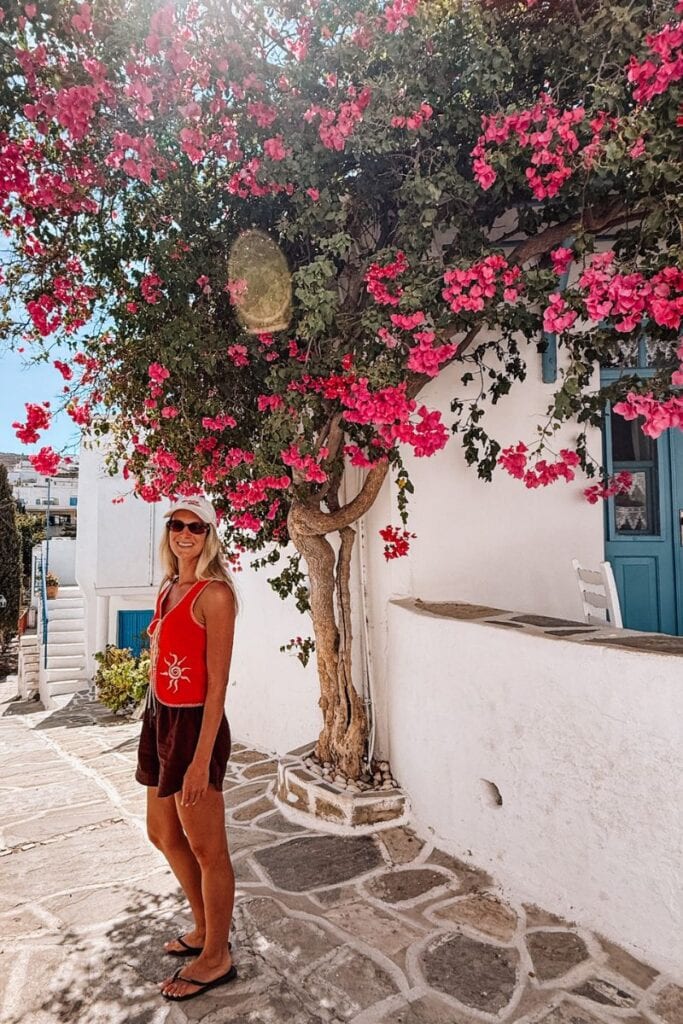 Bright pink bougainvillea flowers blooming over a white Mediterranean building with a blue door, sun.