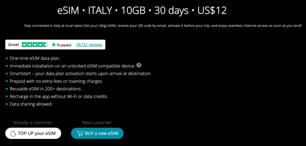 ESIM Italy travel plan with 10GB data, 30 days, and instant activation for seamless connectivity.