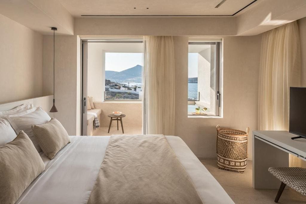 Sea view hotel room with balcony in Paros, Greece.
