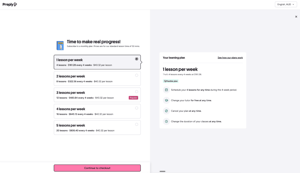 Online language learning platform with flexible lesson plans and scheduling options.